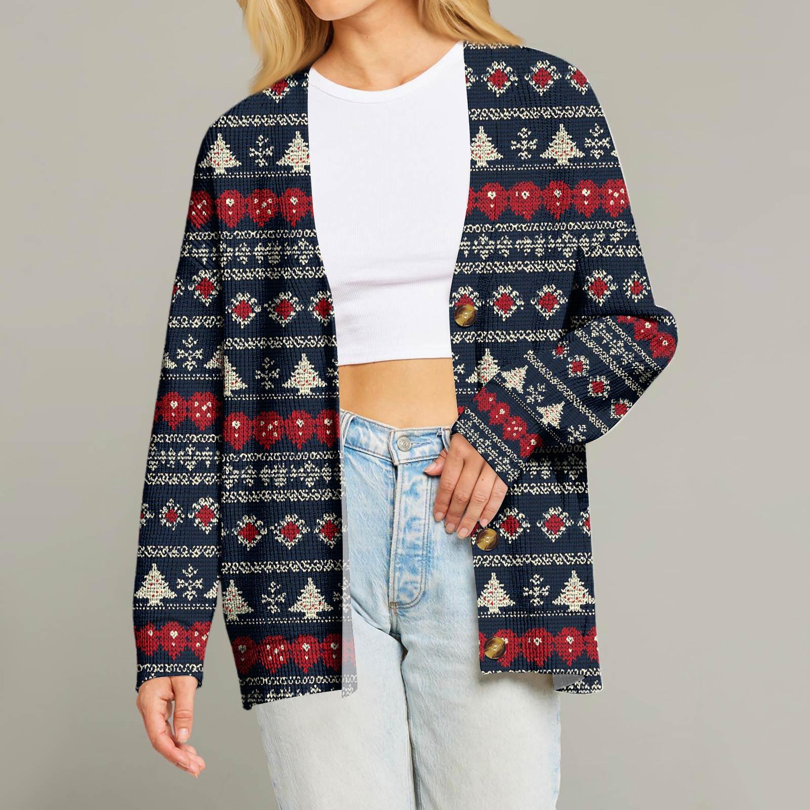 

Женский модный кардиган с длинным рукавом, V-образным вырезом, на пуговицах, свободного кроя, с рождественским принтом XL