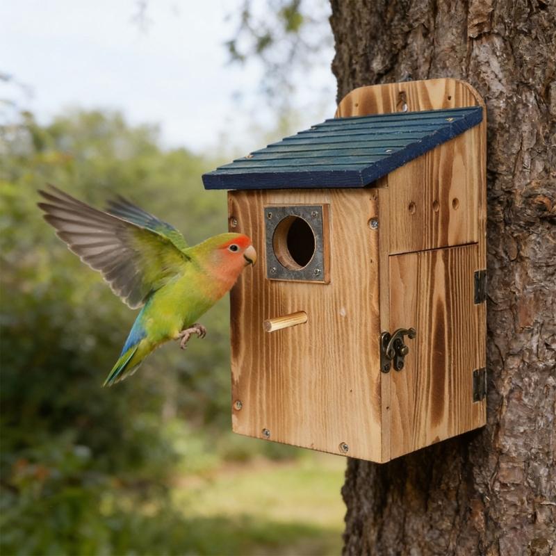 Durable Wooden Bird Shelter For Outdoor Use Featuring Viewing Panel And Safety Feature