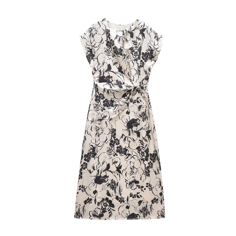 

Весна/Лето 2025 Платье миди из шелкового сатина с принтом - Женский дизайн с коротким рукавом и круглым вырезом XS чёрный