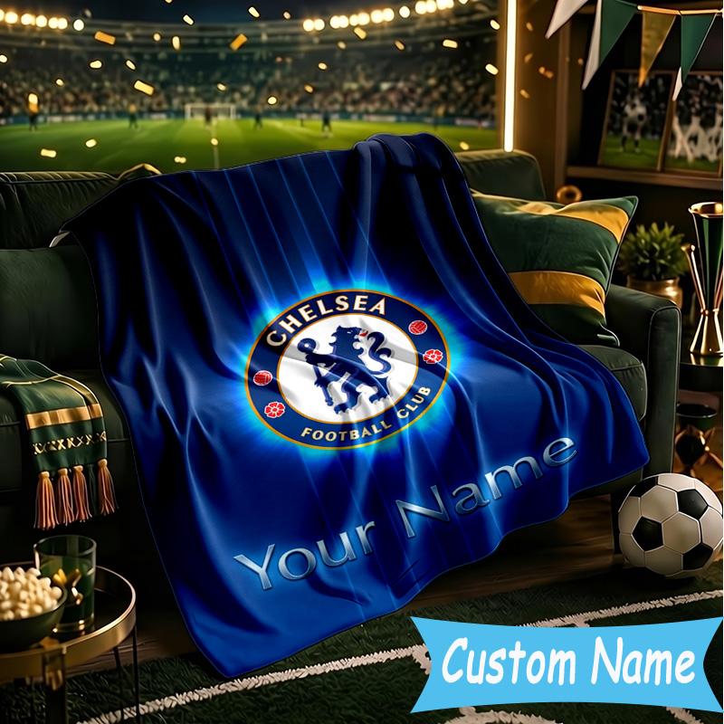 Custom Name Chelsea Football Club Crest Flannel Blanket, Use for Birthday/Holiday Gift, Soft Blanket for Sofa/Bed/Camping/Office, Home Decor