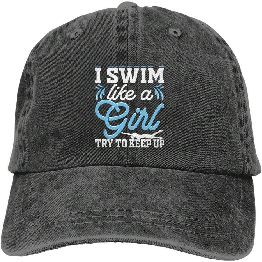 Adjustable Cotton Baseball Cap With Embroidered Swim Like A Girl Quote Unisex Low Profile Dad Hat