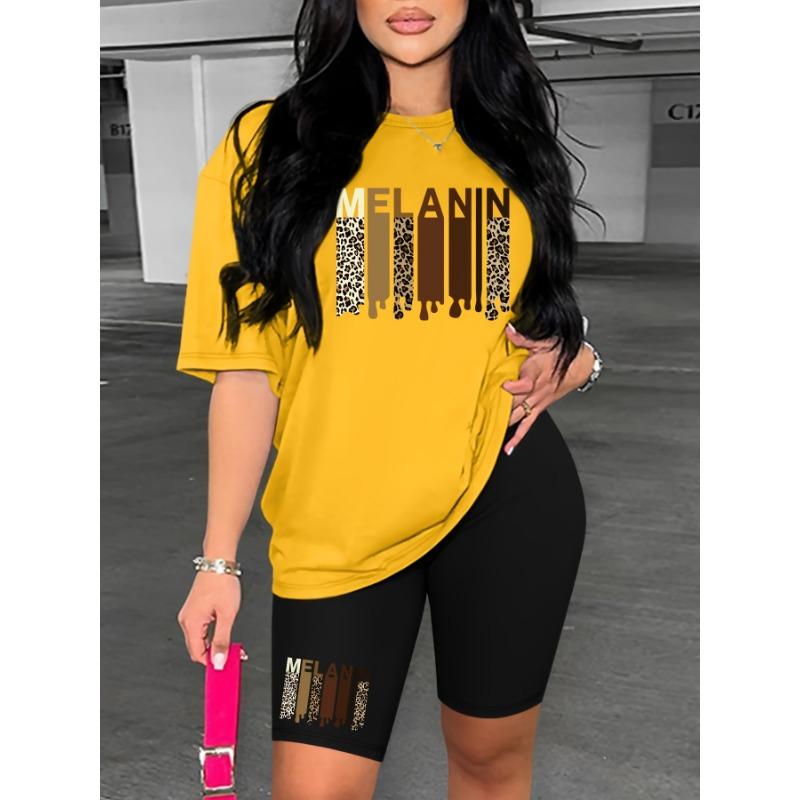 Women's Summer Casual Loose Fit Large Size MELANAN Print Round Neck Short Sleeved T-shirt+shorts Two-piece Set