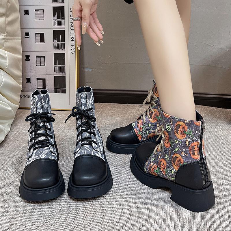 Large Size Martin Boots Women's Autumn and Winter Wind Lace-up Comfortable Thick-soled Printed Fashion Short Boots