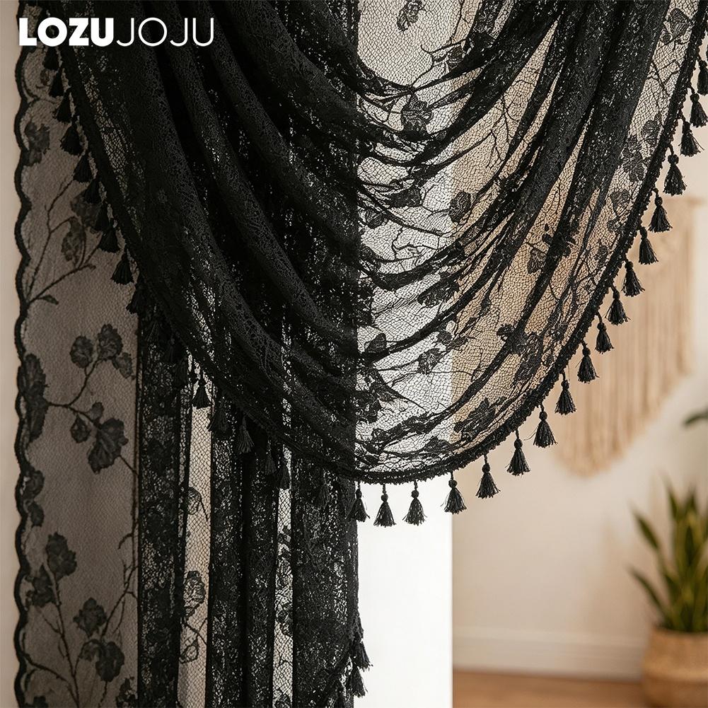 1 Stück LOZUJOJU Französischer Retro Schwarzer Spitzen-Vorhangkopf, Weinreben-Blumen-Jacquard-Quasten-Vorhangkopf für Schlafzimmer Wohnzimmer Fensterdekoration
