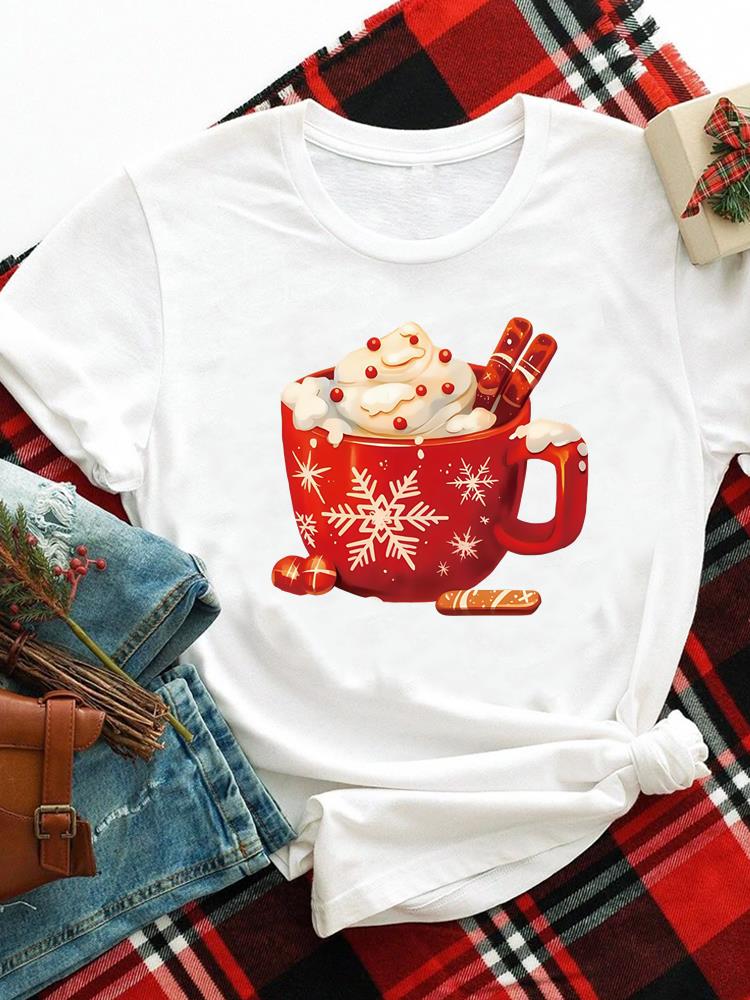 (Asian Size) merry Christmas new year o-neck Women's Top T Clothing Print bow style trend Short Sleeve T-shirts Fashion holiday Graphic Tee
