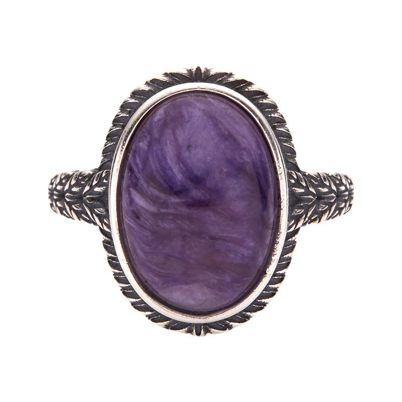 S925 Sterling Silver Inlaid With Natural Purple Dragon Crystal Malachite Colored Treasure Ring Women'S Retro Silver Pattern Light Luxury