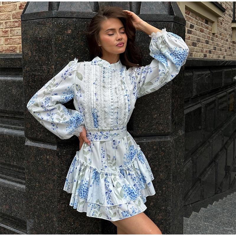 Ladies' Printed Stand Up Collar Bubble Sleeve Long Sleeved Ruffle Edge Short Skirt Casual Slim Fit Dress Blue Print Summer New Collection Waist Dress
