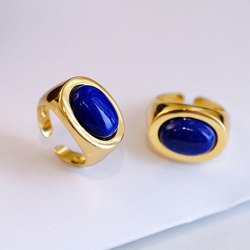 Simplicity Lapis Lazuli Rings For Women Original Design Glossy Oval Design Couple'S Ring Banquet Jewelry Adjustable Opening