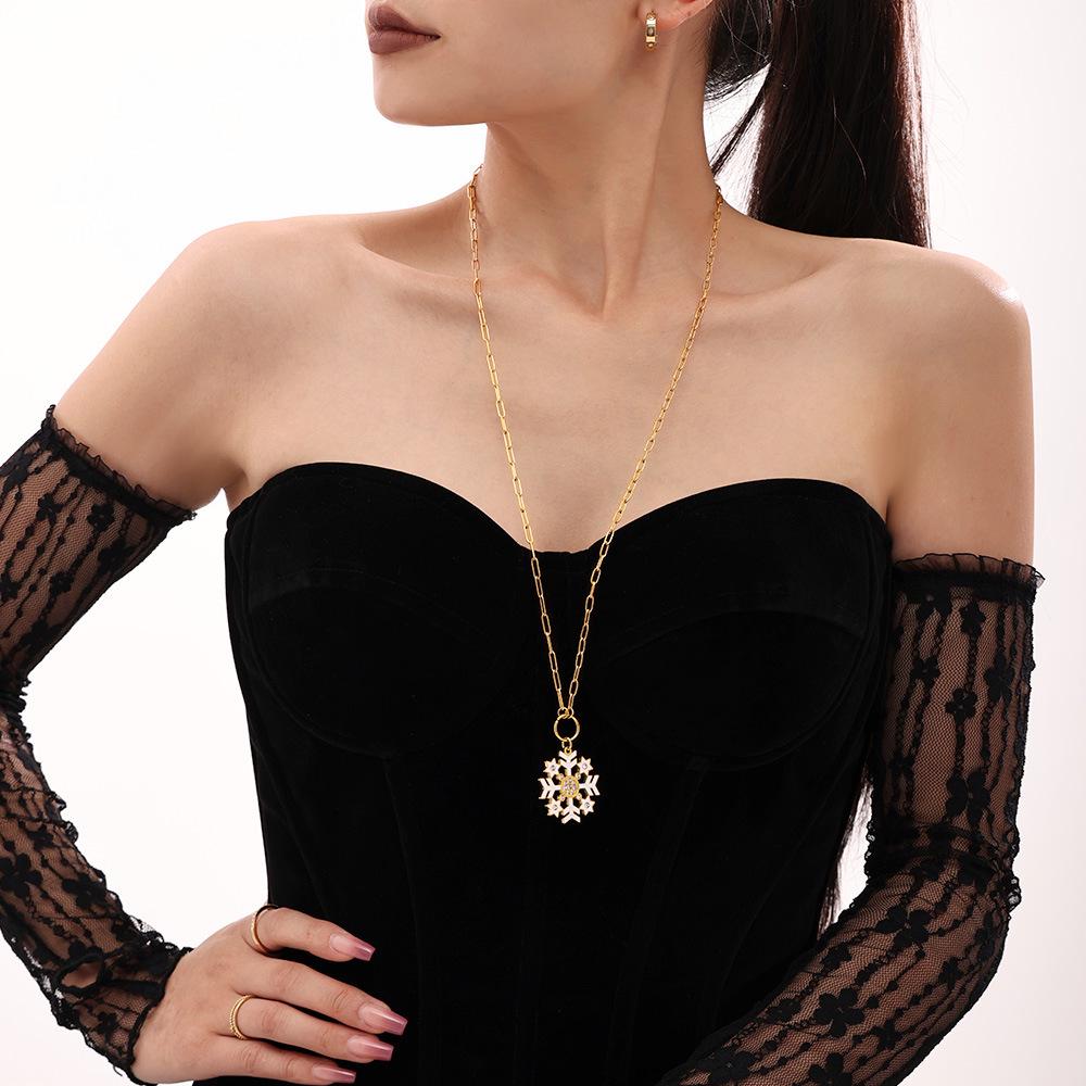 Romantic Zircon Snowflake Pendant Necklace - Stainless Steel Sweater Chain