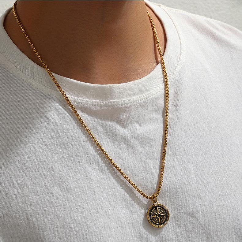 Vintage Compass Pendant Necklace Stainless Steel Disc Necklaces Gold Plated Anti Tarnish Chain Pendants  ALN25123178