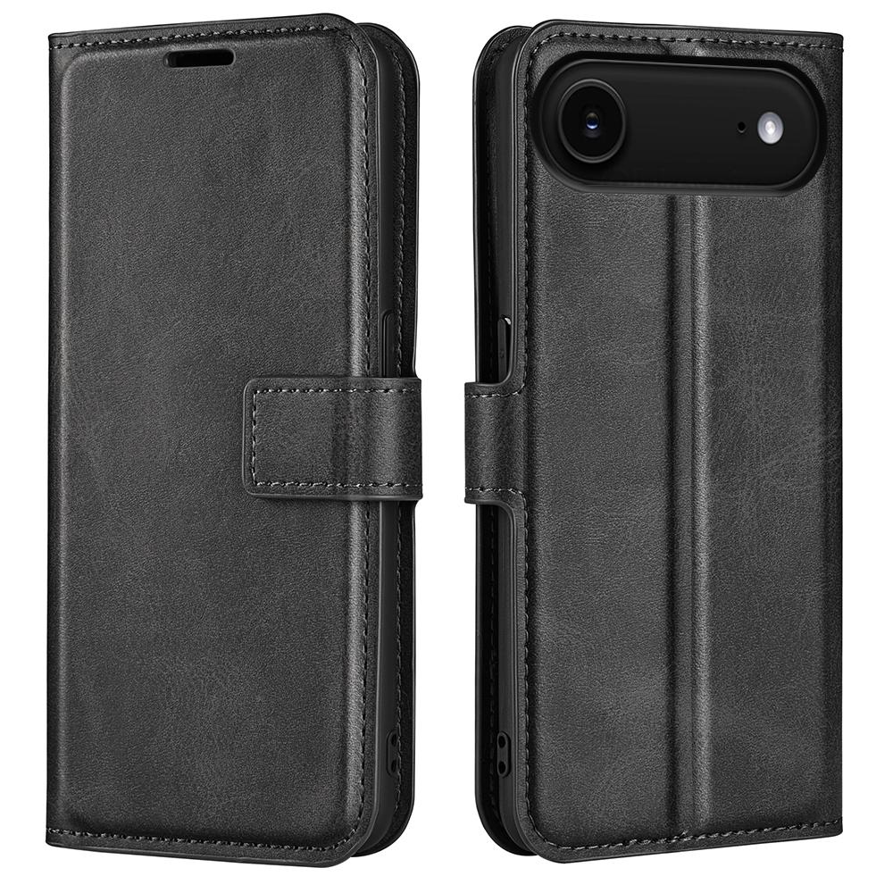 

For iPhone 17 Air Stand Case Anti-Scratch Calf Texture Leather Phone Cover Black