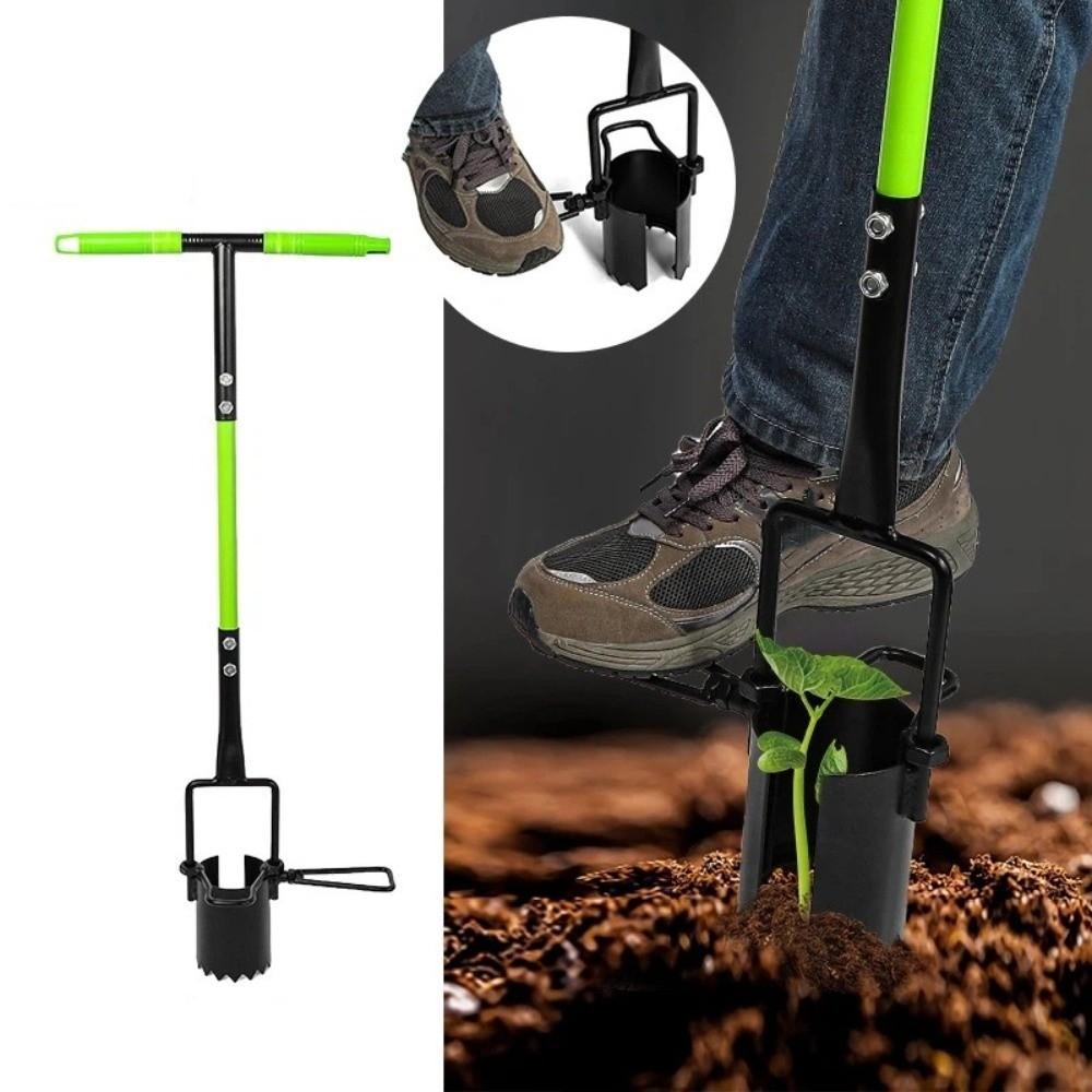 Carbon Steel Bulb Planter Tool T-Shaped Long Handled Grass Drill Tool Heavy Duty Foot Pedal Bulb Sod Transplant Lawn Gardening