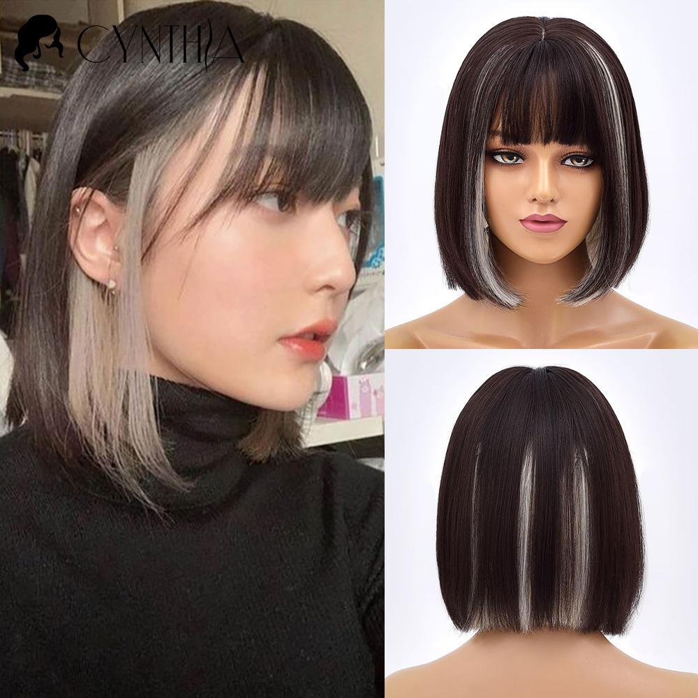 Green Short Bob Hair Synthetic Wig For Woman With Bangs Blonde Ombre Pink Cosplay Lolita Party Heat Resistant Daily Natural Hair