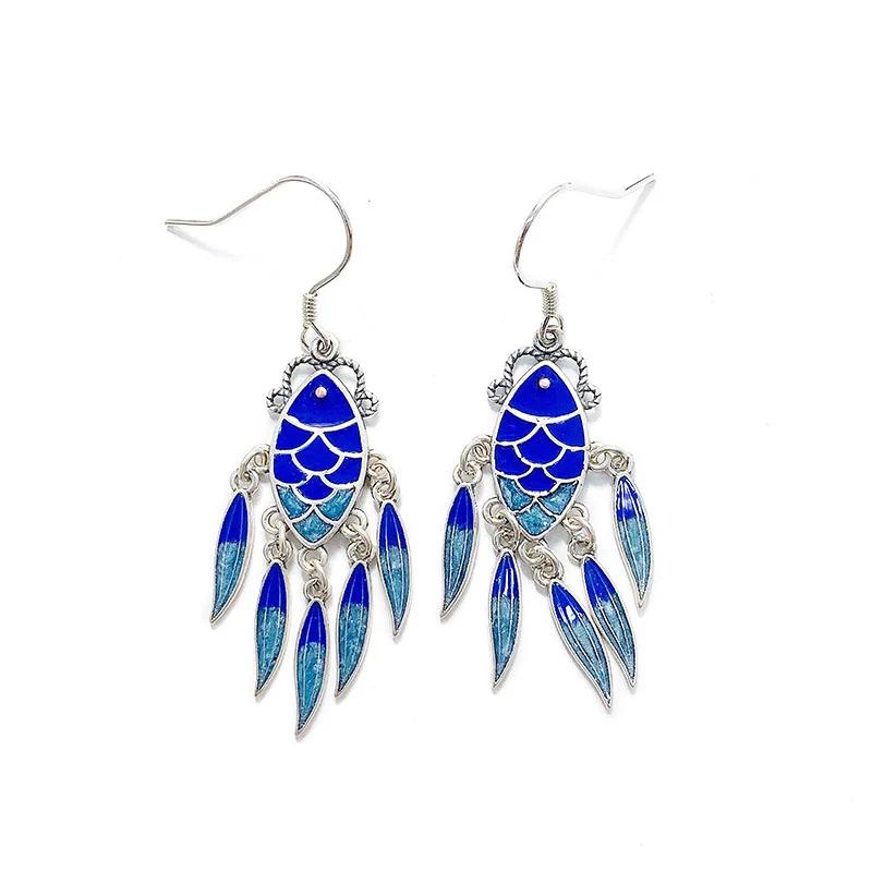 National Style   Tassel Fish Blue-green Earrings for Women Long Style Vintage Exaggerated Enamel Koi Earings Jewelry