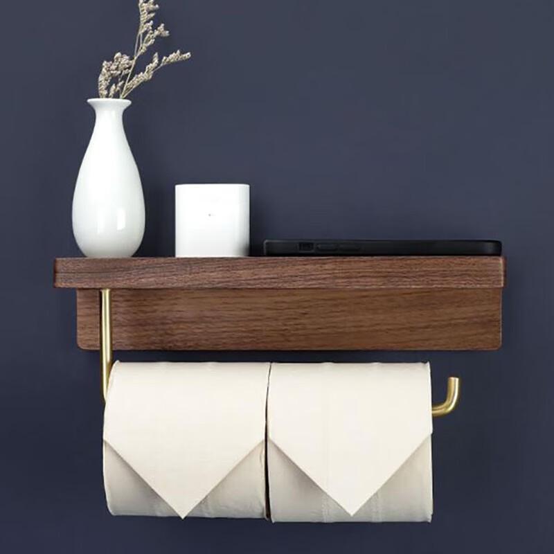 Homeglen Solid Wood Adhesive Toilet Paper Holder with Shelf