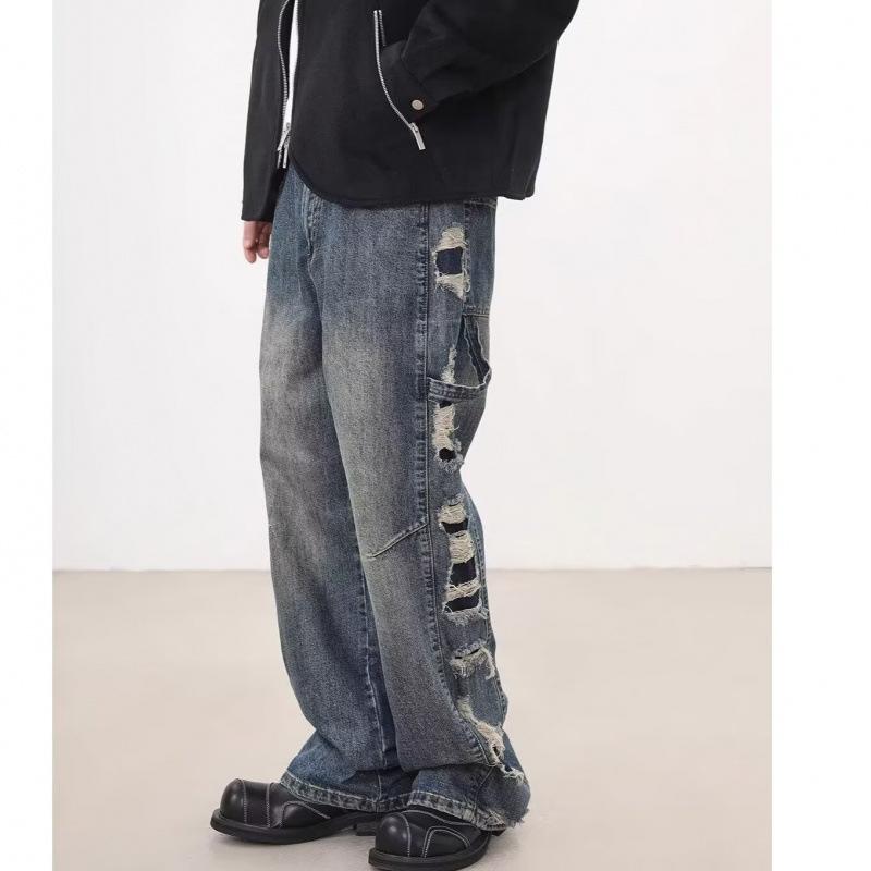 JYL Men s Straight Jeans American Ripped Vintage Loose Wide-Leg Denim 2XL бездна