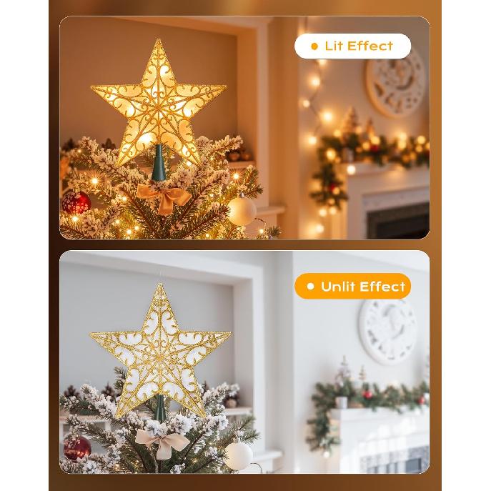 Christmas Star Tree Topper, Plug in Sliver Glittered 3D Star Tree Topper, Metal Hollow Designed Built-in 10 Bulbs String Lights for Indoor Office