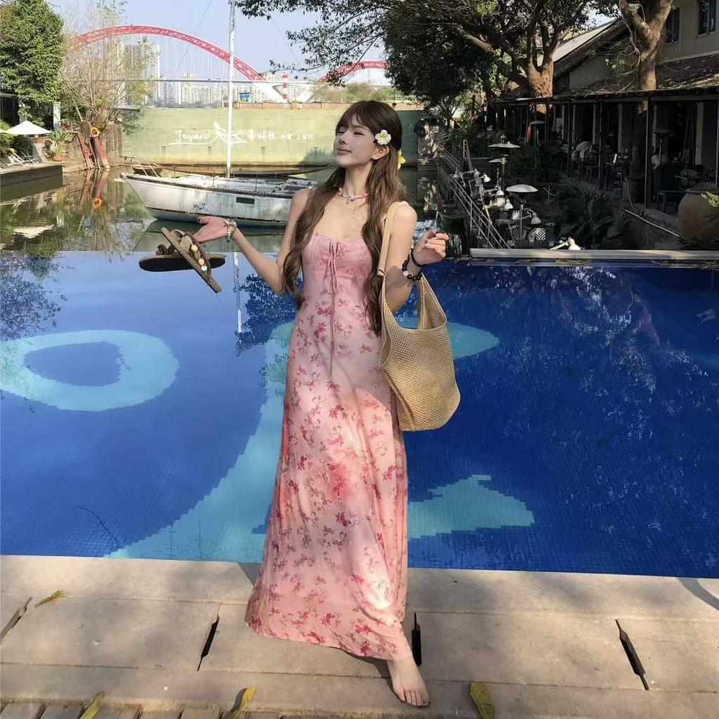 French coffee break pink floral suspender dress women's summer waist skirt temperament seaside vacation a word long dress