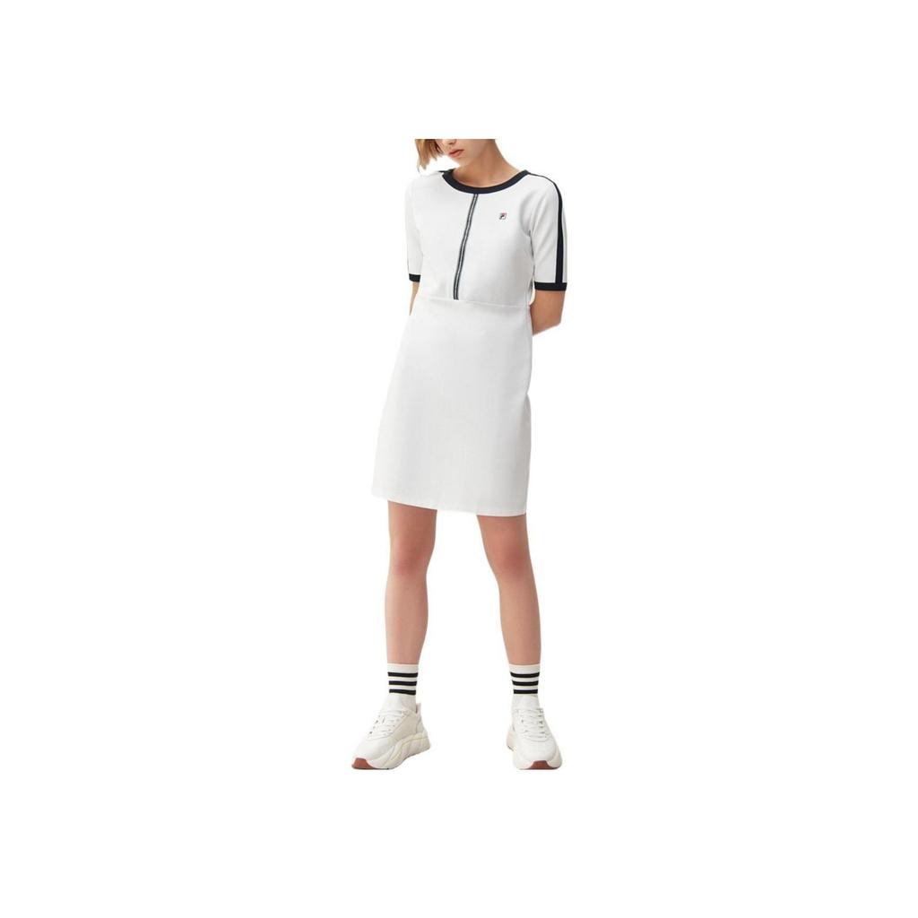 Fila Embroidered Logo Color Block Sports Casual Short Sleeve Dress Women Dresses White F11W111314F-WT