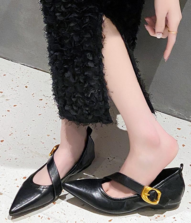 Fashion Retro Pointed Toe Soft Leather Flat Shoes Women Narrow Band Buckle Mary Jane Shoes Women Fashion Comfort Large Size Women Shoes