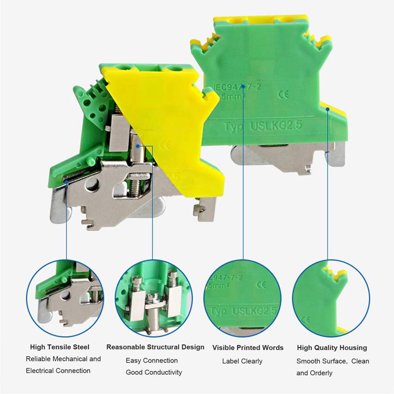 10 Pcs USLKG2.5N DIN Rail Mounted Ground Circuit Connection Terminal Block Screw Clamp 690V 34A 10 Pcs USLKG2.5N DIN Rail Mounted Ground Circuit Connection Terminal Block Screw Clamp 690V 34A