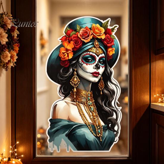 DIY Holiday Party Scene Layout Mexican Katrina Skeleton Girl Wall Sticker, Day of The Dead Artistic Portrait Decals Decal, Waterproof PVC Cling