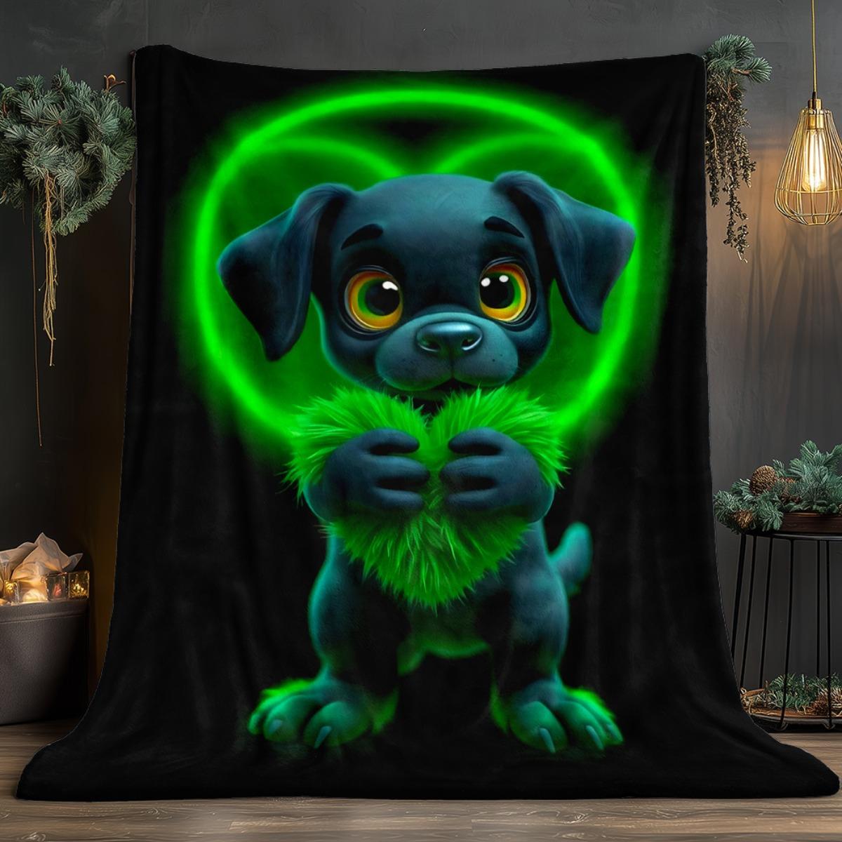 

Dog with green-themed pattern Flannel printed blanket suitable for all seasons suitable for living room office sofa and travel 75x90cm28x39in