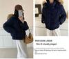 Women's Navy Blue Hooded Cotton Coat with Faux Fur Collar - Warm Winter Short Jacket