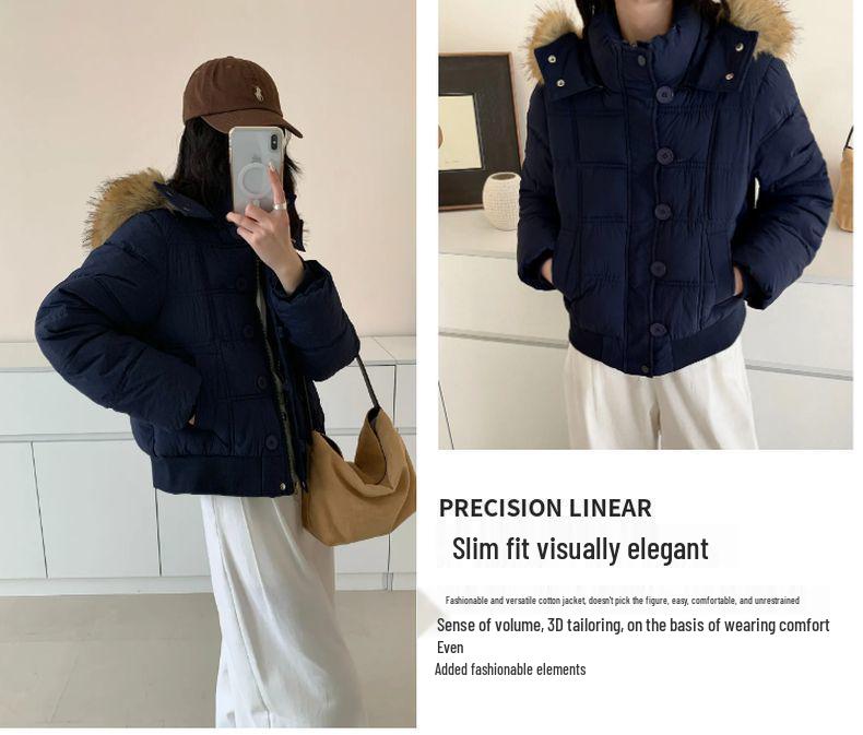 Women's Navy Blue Hooded Cotton Coat with Faux Fur Collar - Warm Winter Short Jacket