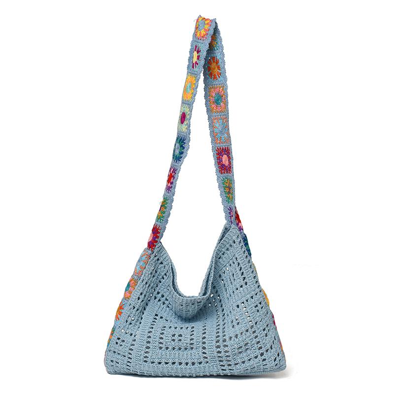 Vintage Hollow Crochet Shoulder Bag – Women's Knit Hobo Bag with Floral Embroidered Strap – Large Casual Tote for Beach Commute