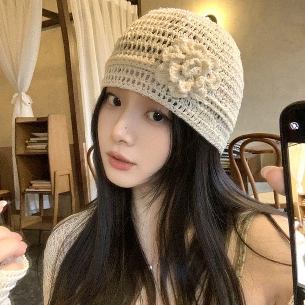 Hand-woven Flower Knitted Caps Hollow Beanies Cap Casual Sequin Crochet Hat  Spring Summer