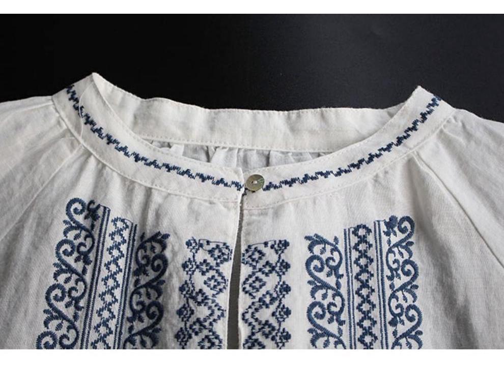 Women's Plus Size Cotton & Linen Shirt - Spring/Summer 2025 Ethnic Style with Wheat Ear Embroidery, Long Sleeve, Loose Fit.