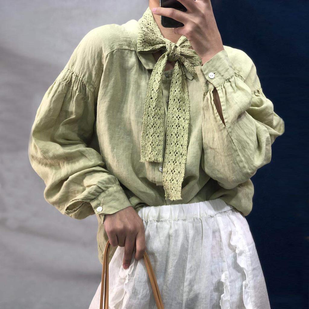 Johnature Vintage din bumbac lenjerie lejer Bandaj largi cămăși femei toamna guler răsturnat bluze cu mânecă lanternă