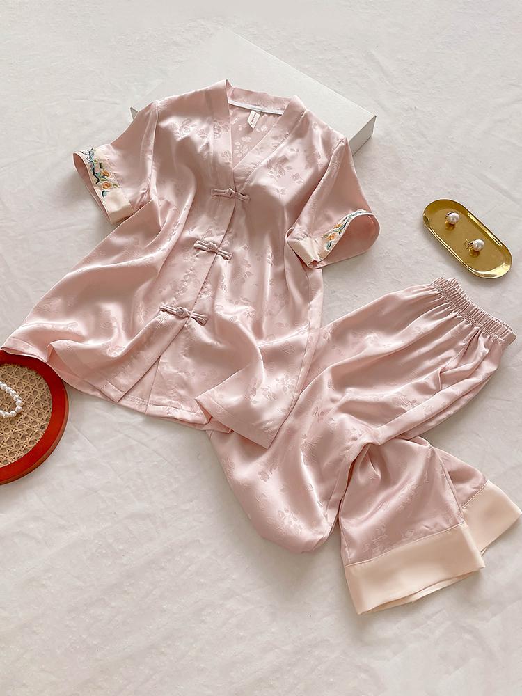 2025 Women's Mulberry Silk Pajamas: Short Sleeve, Frog Button, Chinese Hanfu Style