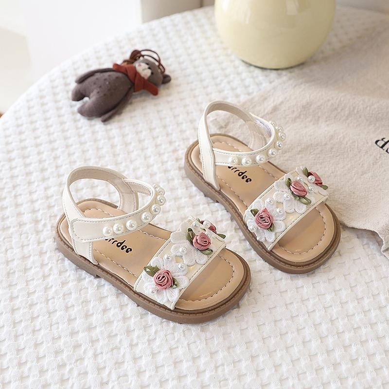 Girls' Sandals Pearl Flowers Princess Sweet Non-Slip Soft Breathable Comfortable Children'S Beach Shoes Summer Sandals