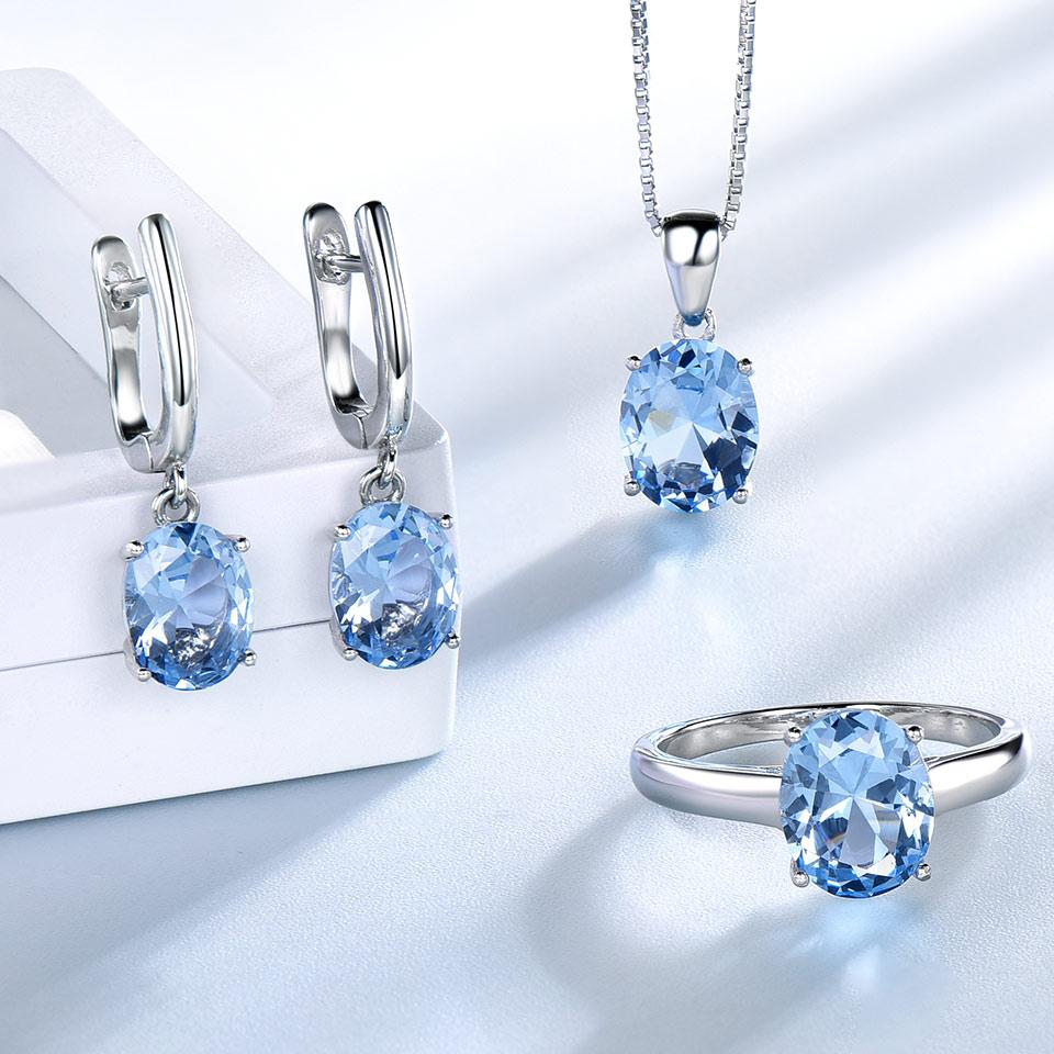 Umcho Sky Blue Topaz Gemstone Wedding Jewelry Sets for Women 925 Sterling Silver Engagement Rings Necklace Pendant Clip Earrings