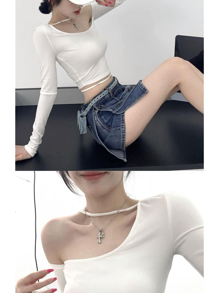 Niche Autumn Women's One-Shoulder Halter Crop Top - Long Sleeve, Slim Fit, Strappy Design