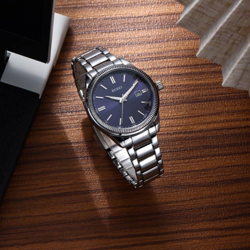 BUREI Analog Quartz Simple Date Easy To Stainless Popular Business Day Gift Men's Watch, Blue, Display, Waterproof, Read, Steel, Brand, Stylish,