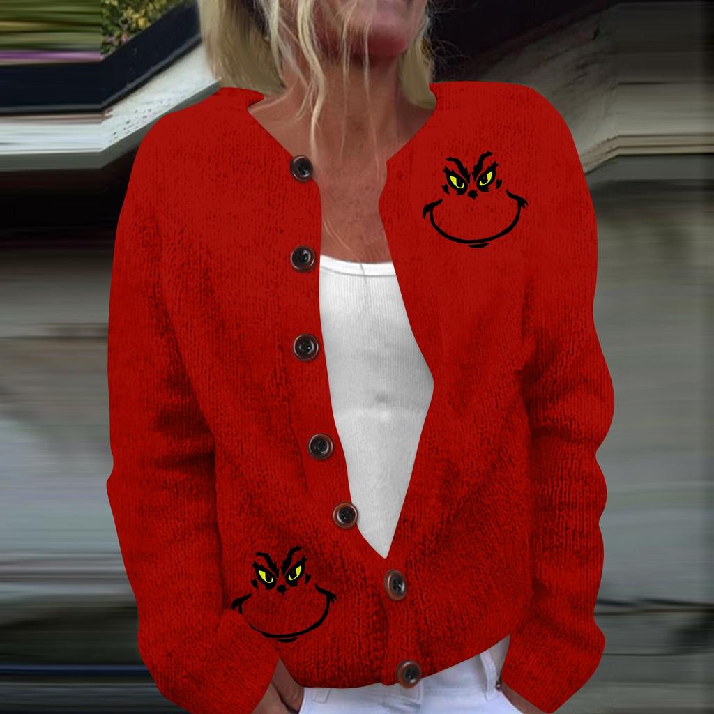 Women's Fashion Christmas Printed Long Sleeve Knitted Cardigan Button Down Jacket