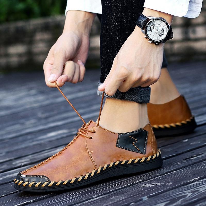 Fashion Simple Quality Leather Men Business Office Shoes Lace Up Flat Bottomed Soft Comfortable Shoe Hand Sewn Casual Shoes  Sizes 38-47