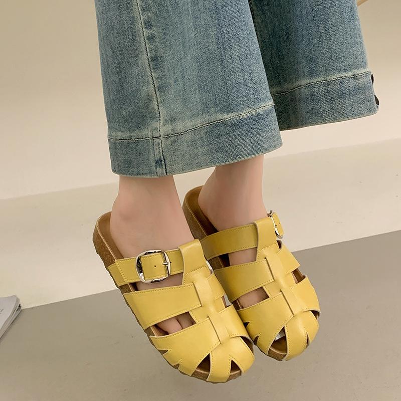 Baotou half slippers women's 2025 summer new woven hollow Roman cool slippers thick bottom one pedal Birkenstock