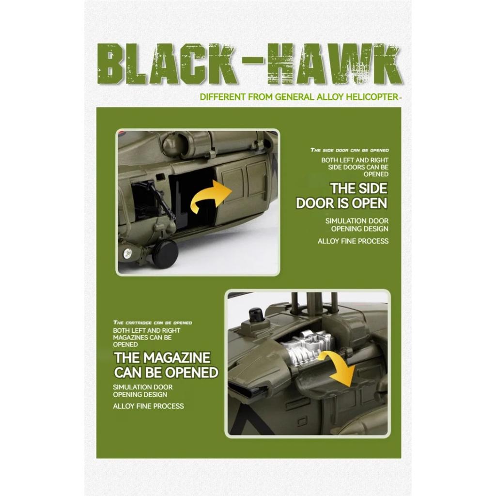 1/64 Model vrtulníku Black Hawk ze slitiny s výstavním stojanem a dárkovým balením Realistické zvukové a světelné efekty Ideální pro vystavení