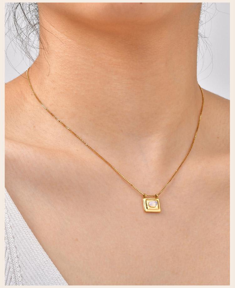 Square Pendant Necklace Stainless Steel Natural Stone Inlay Box Chain for Women Vintage Healing Jewelry Waterproof