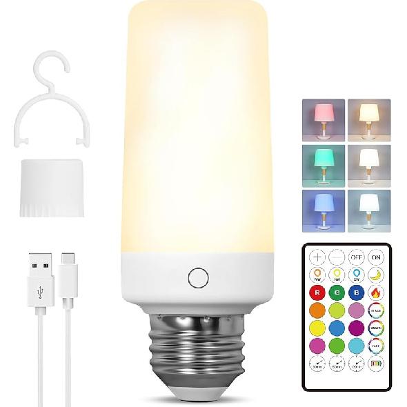 2 Pack Rechargeable Emergency Light Bulb with Remote, Color Changing Battery Powered USB LED Bulbs 12 RGB Color Dimmable E26 120 Volt 9W for Power