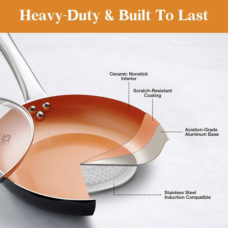 8"10" Copper Nonstick Frying Pan with Lid Titanium Ceramic Interior Saute Pan Omelet Pan Kitchen Cooking Skillet Cookware