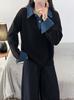 Cross-border Hot-selling Denim Sleeves Splicing Fake Two-piece Sweater Women's Autumn and Winter Women's Loose POLO Neck Knitted Sweater Women's