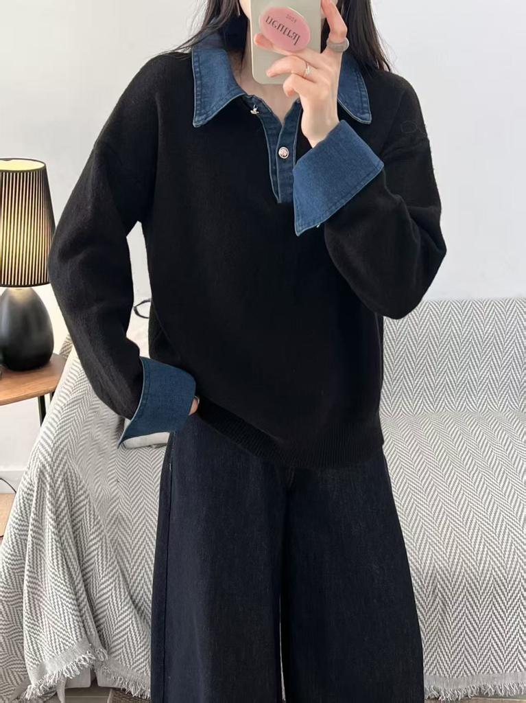 Cross-border Hot-selling Denim Sleeves Splicing Fake Two-piece Sweater Women's Autumn and Winter Women's Loose POLO Neck Knitted Sweater Women's