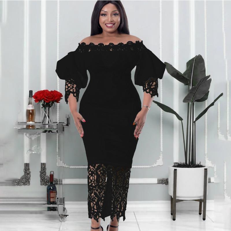 New One-word Shoulder Off-the-shoulder Hip-wrapped Lace Splicing Lantern Sleeve Dress Dress Dress
