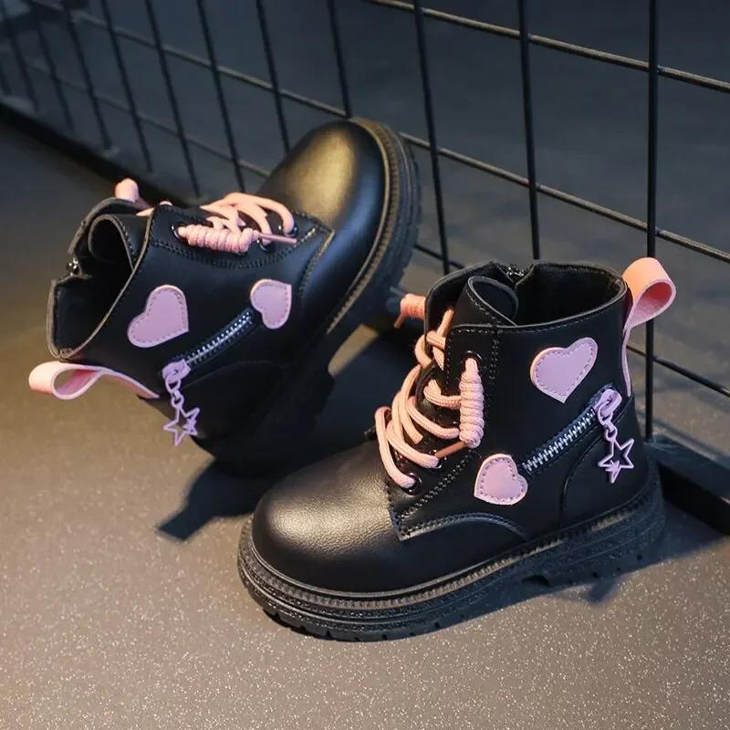 Girls Boots Kids  Rubber Boots Cool Girl Autumn and Winter Cotton Soft Sole Pink with Love Side Zip Princess Round-toe PU