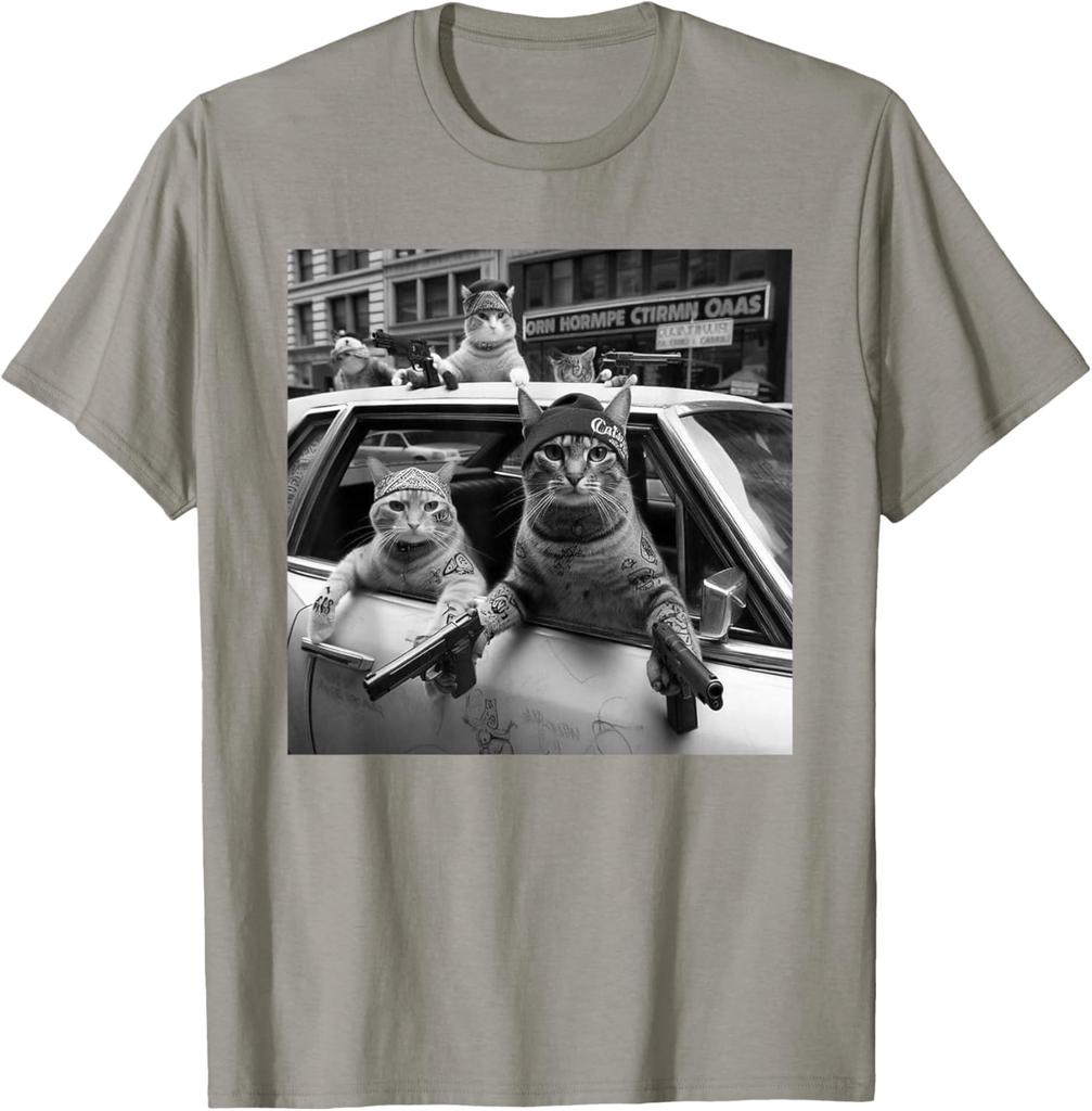 Print Gangster Cats Graphic Tee Men's Funny Street Style Oversized T-Shirt Casual Daily Print Round Neck
